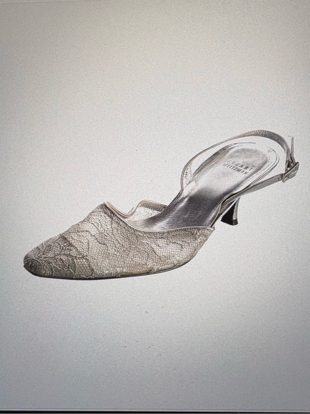 Stuart Weitzman Silver Lace Slingback Kitten Heel